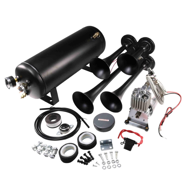 LDMINDA 12V 4 Trumpets Train Horn Kit 150psi Complete Onboard System 150psi Air Compressor 1.5 Gallon Air Tank 4 Trumpets Fits Any Vehicle Truck Car Semi Pickup Replacement for Jeep RV SUV Super Loud dB - Image 2