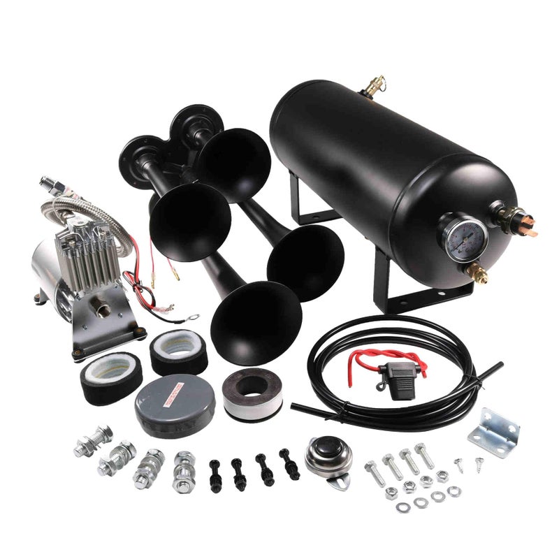 LDMINDA 12V 4 Trumpets Train Horn Kit 150psi Complete Onboard System 150psi Air Compressor 1.5 Gallon Air Tank 4 Trumpets Fits Any Vehicle Truck Car Semi Pickup Replacement for Jeep RV SUV Super Loud dB - Image 1