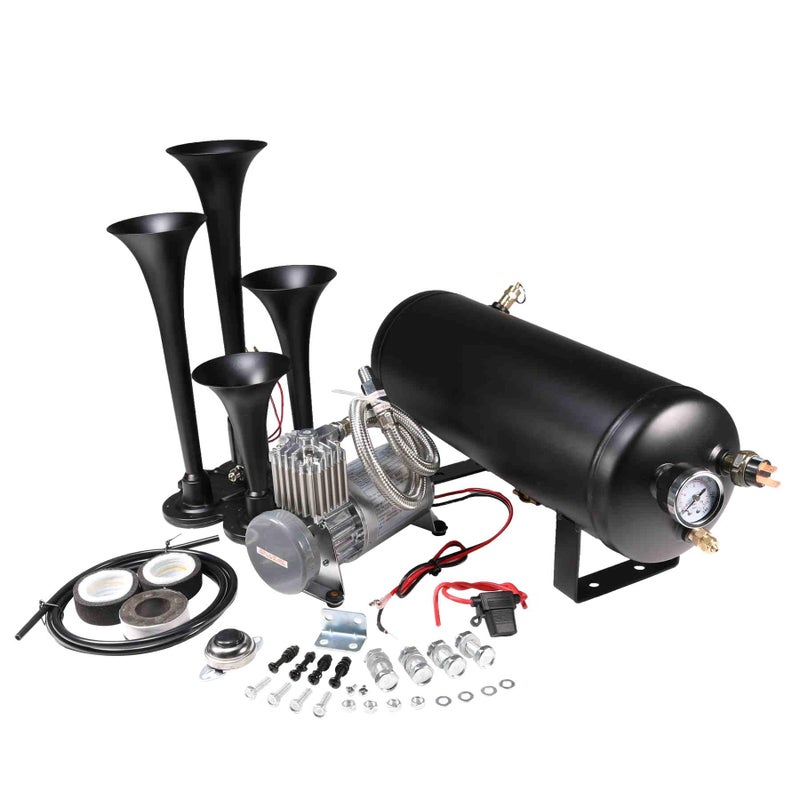 LDMINDA 12V 4 Trumpets Train Horn Kit 150psi Complete Onboard System 150psi Air Compressor 1.5 Gallon Air Tank 4 Trumpets Fits Any Vehicle Truck Car Semi Pickup Replacement for Jeep RV SUV Super Loud dB - Image 4