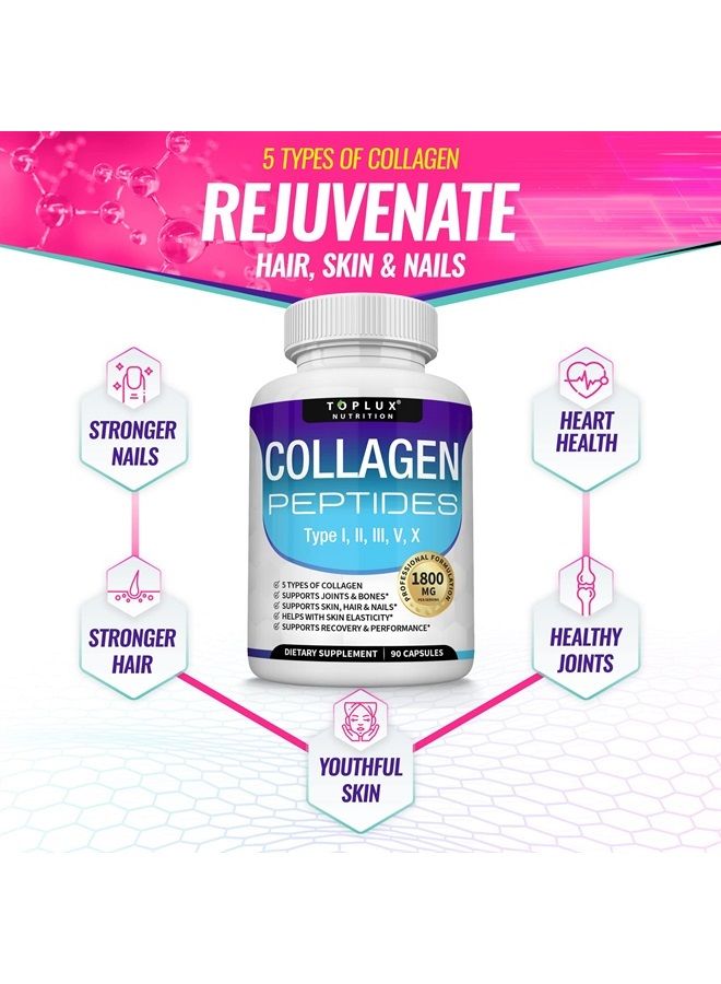 Toplux أقراص ببتيدات الكولاجين المتعددة 1800 مجم - النوع الأول والثاني والثالث والخامس والعاشر - مركب كولاجين ممتاز لبشرة وشعر أفضل، مفاصل قوية، بروتين محلل، للرجال والنساء، 90 كبسولة، مكمل غذائي - Image 5