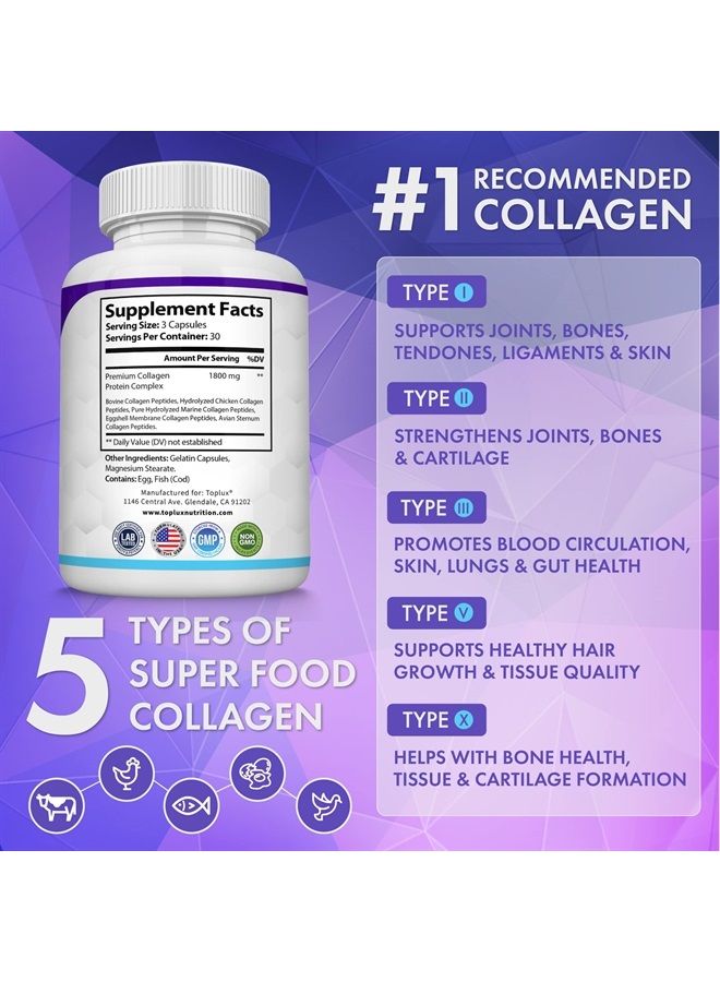 Toplux أقراص ببتيدات الكولاجين المتعددة 1800 مجم - النوع الأول والثاني والثالث والخامس والعاشر - مركب كولاجين ممتاز لبشرة وشعر أفضل، مفاصل قوية، بروتين محلل، للرجال والنساء، 90 كبسولة، مكمل غذائي - Image 2