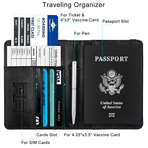 WALNEW Passport Holder for Travel, RFID Passport Cover Wallet for Women Men, PU Leather Passport Book Card Holder Case with Pen, Travelling Essentials for Flying - Image 3