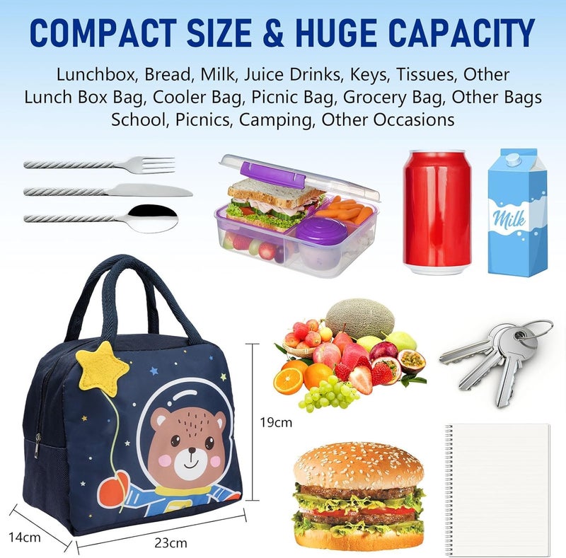 Flywind Kids Lunch Bag for Girls Boys Students | Small Foldable Waterproof Lunch Box for Travel Picnic School | Reusable Cartoon Insulated Lunchbag (Navy Space Bear) - Image 2