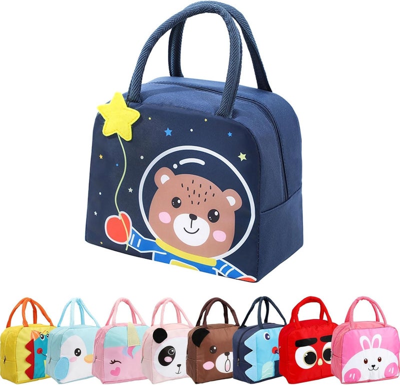 Flywind Kids Lunch Bag for Girls Boys Students | Small Foldable Waterproof Lunch Box for Travel Picnic School | Reusable Cartoon Insulated Lunchbag (Navy Space Bear) - Image 1