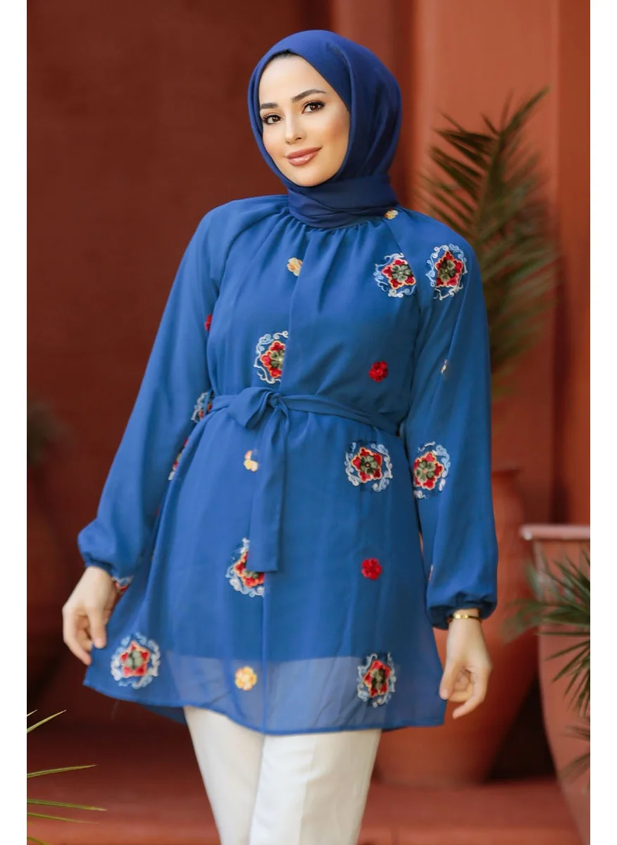 Neva Style Floral Patterned Indigo Blue Hijab Tunic 4084IM