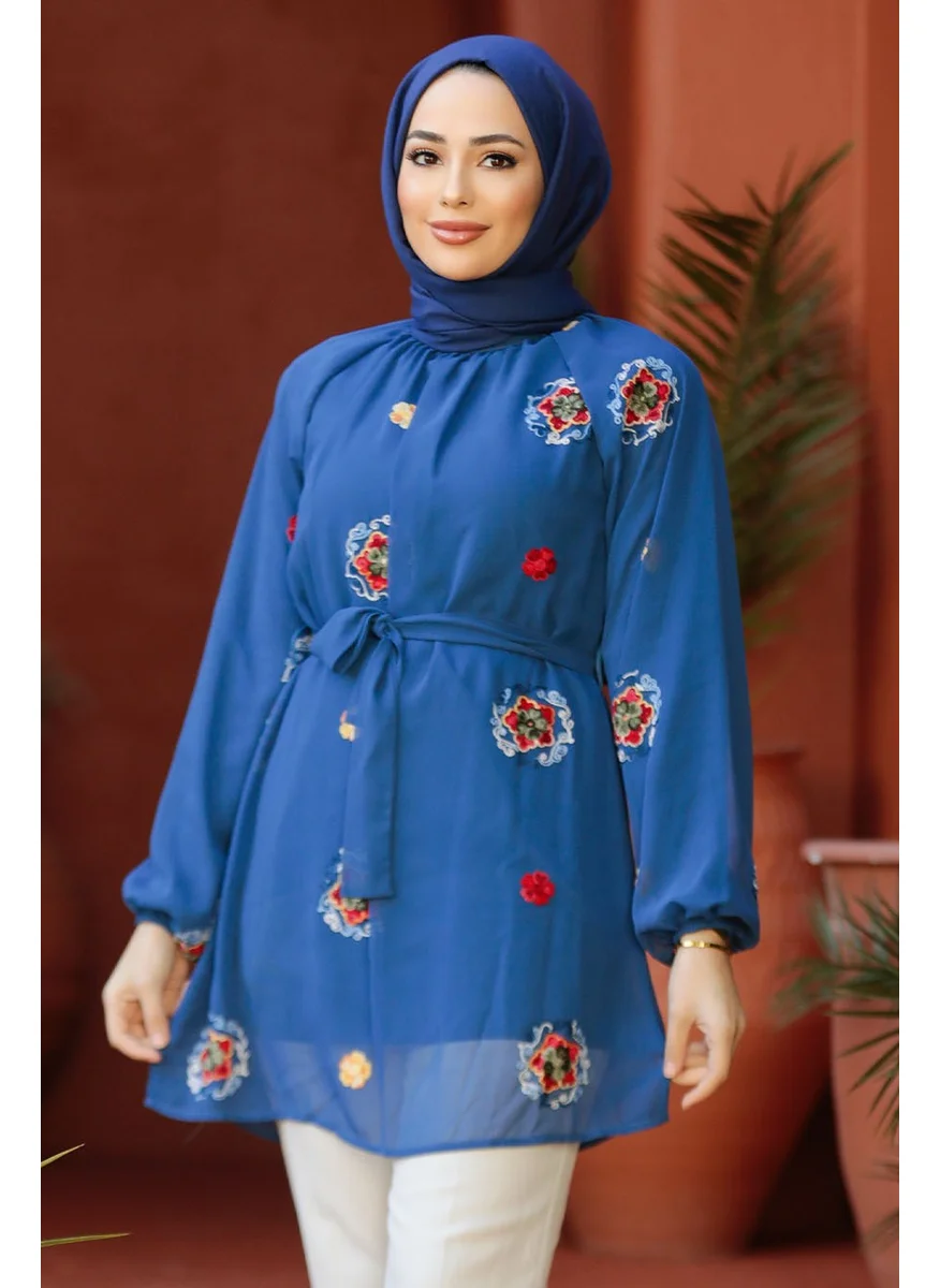 Neva Style Floral Patterned Indigo Blue Hijab Tunic 4084IM