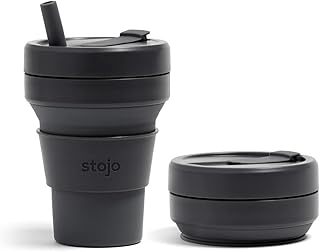 Stojo STOJO Collapsible Travel Cup With Straw - Carbon, 16oz / 470ml - Reusable To-Go Pocket Size Silicone Bottle for Hot and  - Image 1
