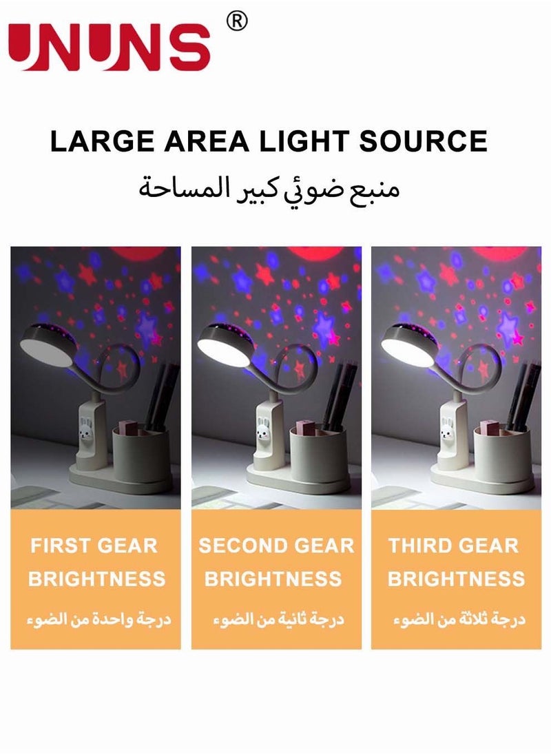 UNUNS - USB Rechargeable Desk Lamp,360°Rotation LED Table Light With Pen Holder And Projection Function,3 Color Modes,Desk Lamp White - Image 1