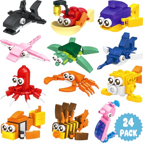 Qinline 24 Pack Easter Gifts for Kids 812 Sea Animal Building Blocks Kit with Gift Cards for Kids School Classroom Class Prefilled Easter Party Favors Exchange for Boys Girls Stuffers Egg Fillers - Image 1