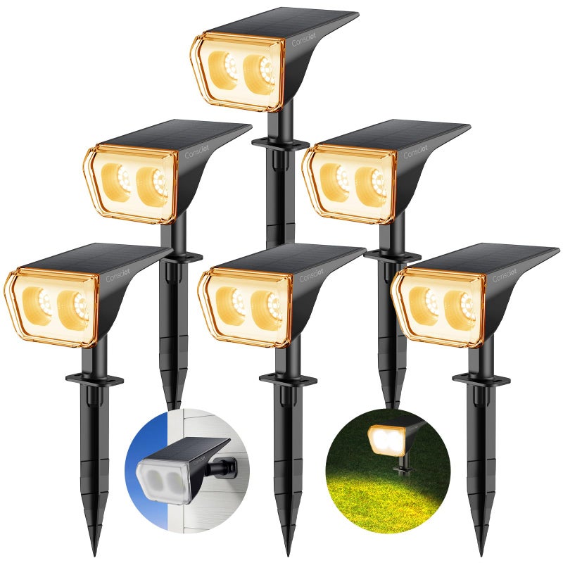 Consciot Solar Spot Lights Outdoor Waterproof, 24 LED Dusk-to-Dawn Solar Spotlight, 2 in 1 Adjustable Wall Lights, Warm White Solar Landscape Spotlights for Garden Yard Wall Walkway, 6 Pack - Image 1