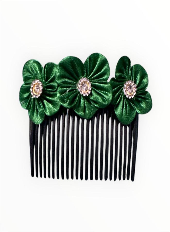 CROWNNIMREET Comb Hair Clip with Cloth Flower, Acrylic Indo Western Side Pin, Hair Accessories for Women and Girls (Green, Pack Of 2) - Image 2