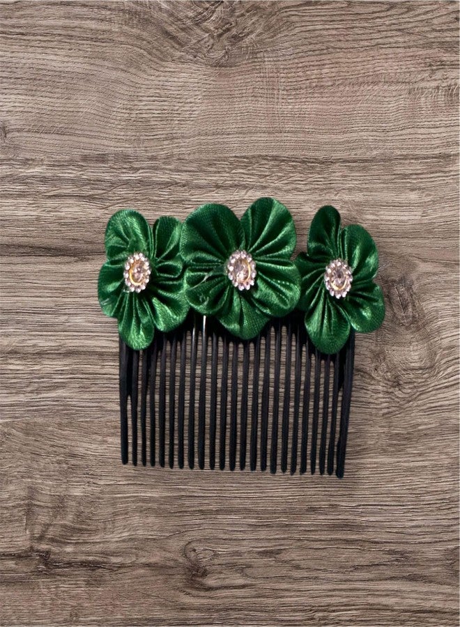 CROWNNIMREET Comb Hair Clip with Cloth Flower, Acrylic Indo Western Side Pin, Hair Accessories for Women and Girls (Green, Pack Of 2) - Image 3