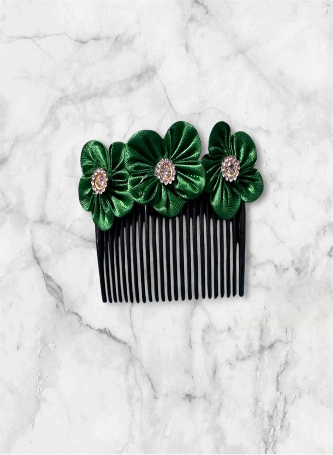 CROWNNIMREET Comb Hair Clip with Cloth Flower, Acrylic Indo Western Side Pin, Hair Accessories for Women and Girls (Green, Pack Of 2) - Image 4