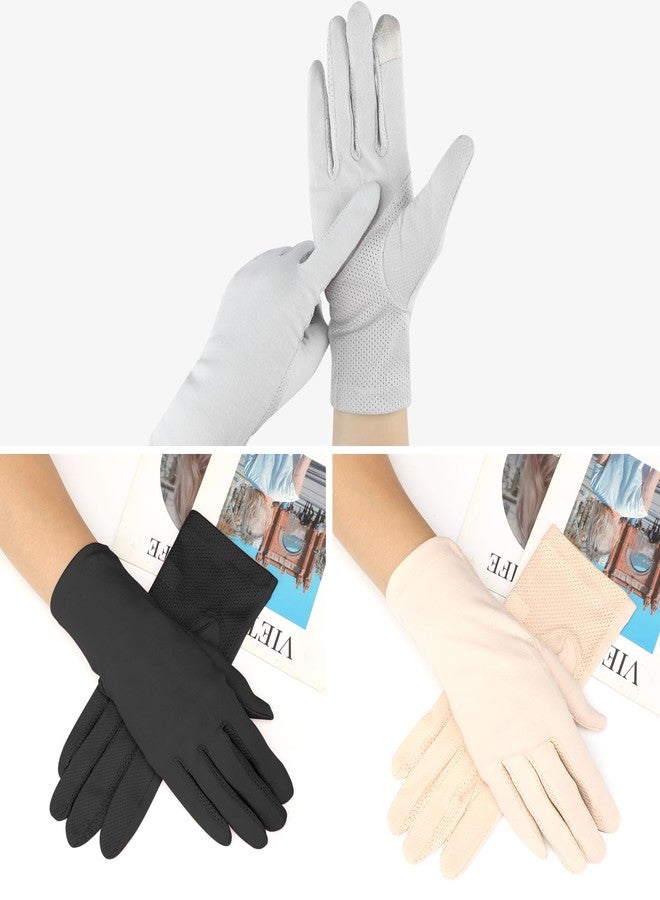 سينكاري قفازات سينكاري للحماية من أشعة الشمس فوق البنفسجية، 3 أزواج، مصنوعة من القطن المقاوم للانزلاق، تغطي كامل الأصابع، مناسبة للقيادة، للنساء (كاكي، رمادي، أسود) - Image 4