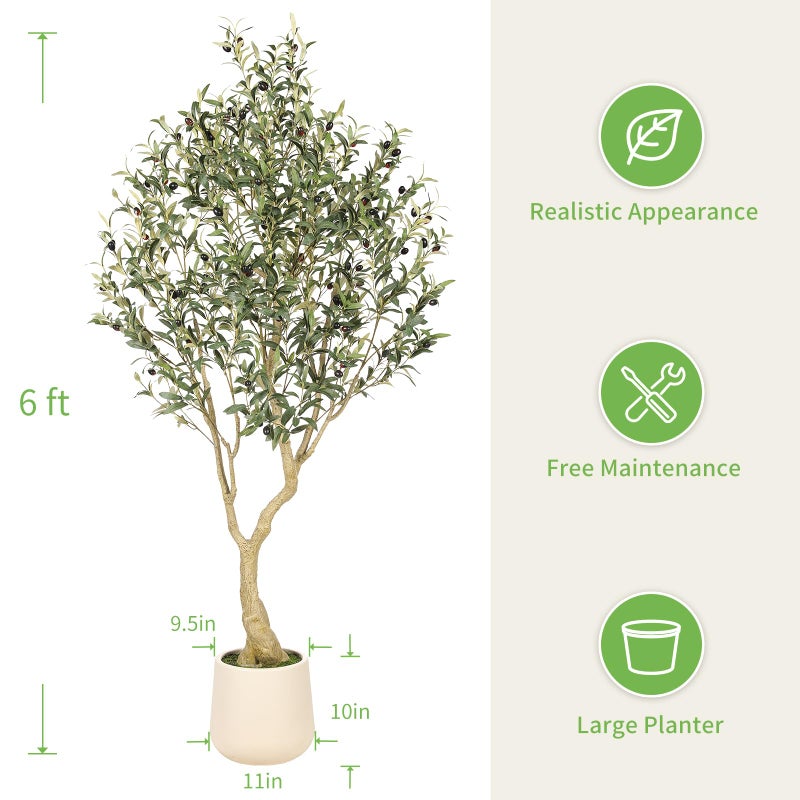 Realead 6ft Artificial Olive Tree with Tall Exquisite Planter - Realistic Faux Olive Tree with Thick Trunk and Lifelike Fruits - Large Fake Olive Tree for Home Office Decor - Image 3