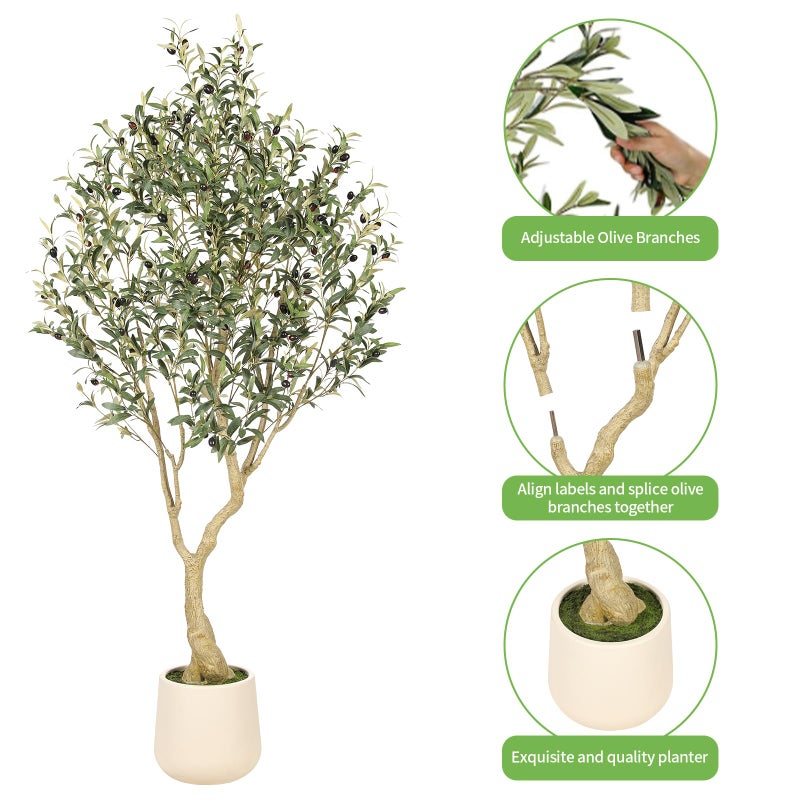 Realead 6ft Artificial Olive Tree with Tall Exquisite Planter - Realistic Faux Olive Tree with Thick Trunk and Lifelike Fruits - Large Fake Olive Tree for Home Office Decor - Image 5