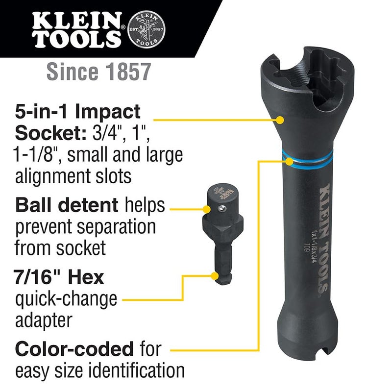 Klein Tools NRHD 5-In-1 Impact Socket, Features Three Square Socket Sizes: 3/4-,1, and 1-1/8- Inch, and Small and Large Alignment Slots - Image 2