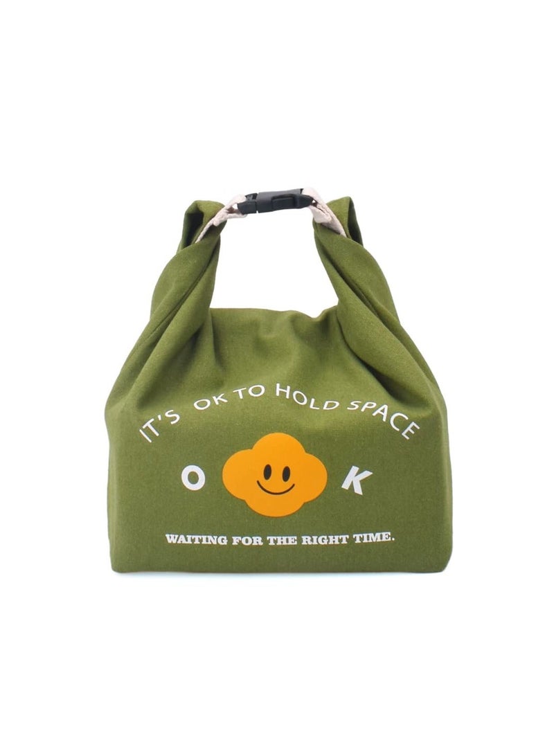 NIBEMINENT Reusable Lunch Bag Insulated Handbag Smile Tote bag with Handle for Women Work Picnic or Travel (Olive Green) - Image 1