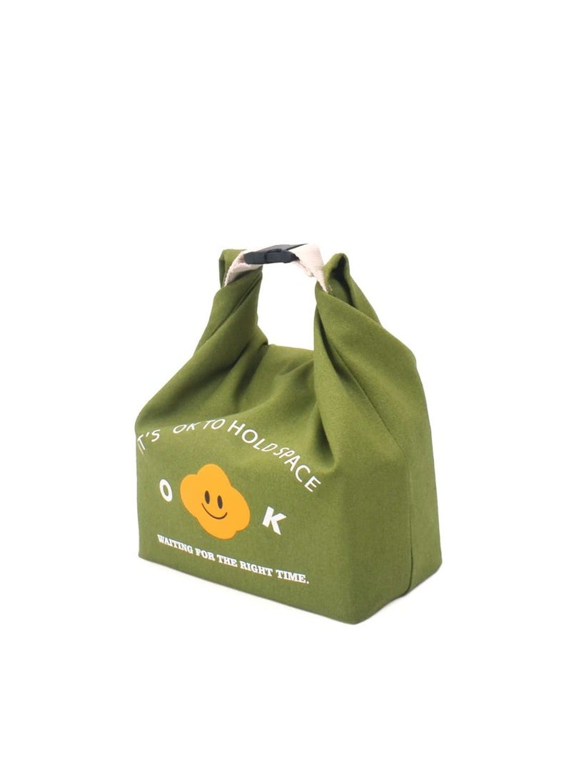 NIBEMINENT Reusable Lunch Bag Insulated Handbag Smile Tote bag with Handle for Women Work Picnic or Travel (Olive Green) - Image 5