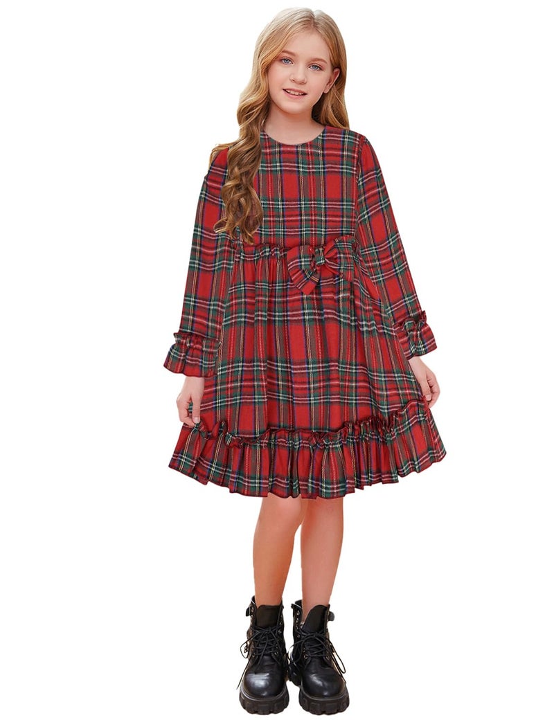 AGQT Toddler Girl Plaid Dress Long Sleeve Ruffle Check Dress Red Plaid Size 2-3 Years - Image 1