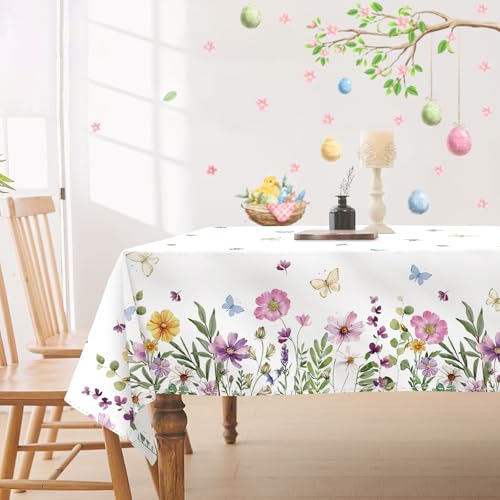 DISENB Spring Tablecloth 60 x 84 Inch, Wildflowers Floral Butterfly Table Cloth, Stain and Wrinkle Resistant Washable Rectangle Table Cover for Indoor Outdoor Holiday Party Picnic Dinner Decor - Image 1