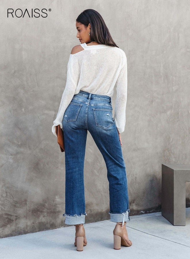 roaiss Women's Wash Straight Leg Jeans Mid Rise Relaxed Fit Pants Ladies Casual Comfort Denim Trousers Soft Breathable Easy Care Machine Washable Versatile Everyday Wear Blue - Image 2