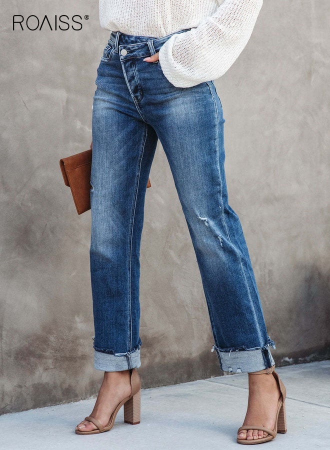 roaiss Women's Wash Straight Leg Jeans Mid Rise Relaxed Fit Pants Ladies Casual Comfort Denim Trousers Soft Breathable Easy Care Machine Washable Versatile Everyday Wear Blue - Image 4