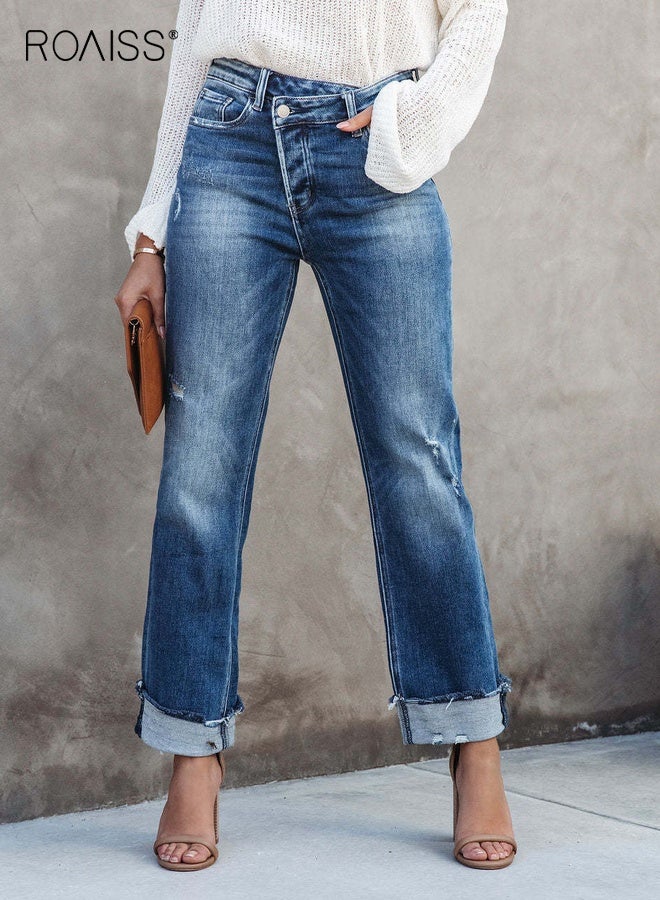 roaiss Women's Wash Straight Leg Jeans Mid Rise Relaxed Fit Pants Ladies Casual Comfort Denim Trousers Soft Breathable Easy Care Machine Washable Versatile Everyday Wear Blue - Image 1