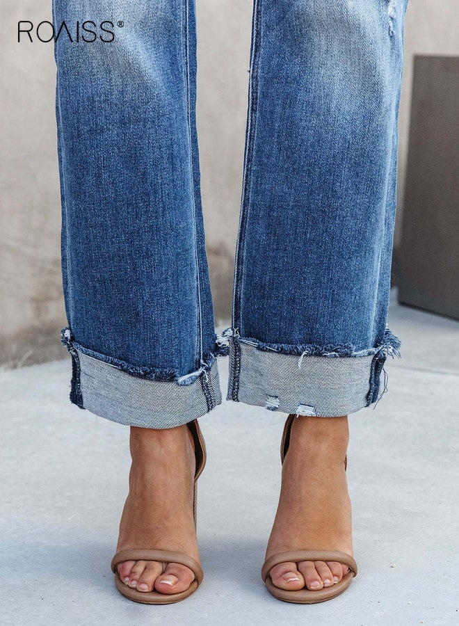 roaiss Women's Wash Straight Leg Jeans Mid Rise Relaxed Fit Pants Ladies Casual Comfort Denim Trousers Soft Breathable Easy Care Machine Washable Versatile Everyday Wear Blue - Image 5