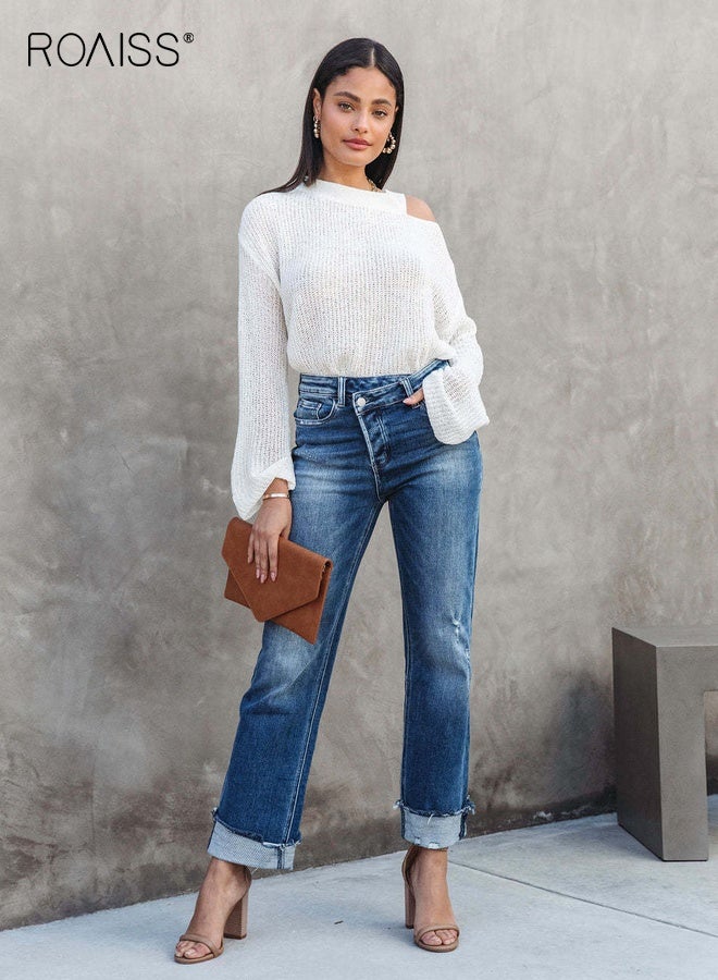 roaiss Women's Wash Straight Leg Jeans Mid Rise Relaxed Fit Pants Ladies Casual Comfort Denim Trousers Soft Breathable Easy Care Machine Washable Versatile Everyday Wear Blue - Image 3