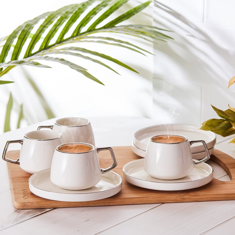 KARACA Saturn Platin Turkish Coffee Cup Set of 6, (12 Piece) White Cups with Saucers - 3.3 oz Small Porcelain Modern Set - Ideal for Serving Greek, Arabic Coffee & Espresso - Image 3