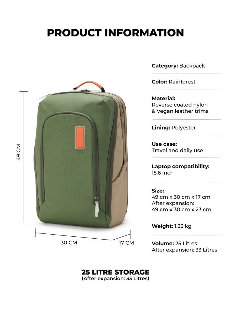 Mokobara The Long Range Backpack - Expandable Water-Resistant Nylon | Rainforest, Green