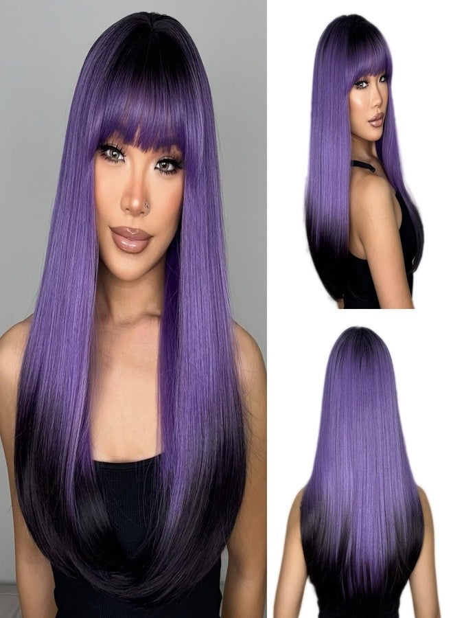 إنترانسد ستايلز شعر مستعار طويل وناعم بنفسجي للنساء من ENTRANCED STYLES، شعر مستعار بنفسجي وأسود مع غرة، شعر صناعي مقاوم للحرارة، مناسب للهالوين، حفلات تنكرية، للاستخدام اليومي، طول 22 بوصة - Image 1