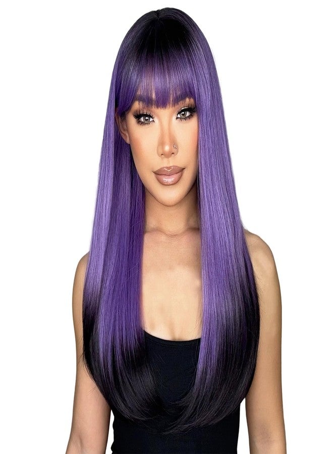 إنترانسد ستايلز شعر مستعار طويل وناعم بنفسجي للنساء من ENTRANCED STYLES، شعر مستعار بنفسجي وأسود مع غرة، شعر صناعي مقاوم للحرارة، مناسب للهالوين، حفلات تنكرية، للاستخدام اليومي، طول 22 بوصة - Image 3