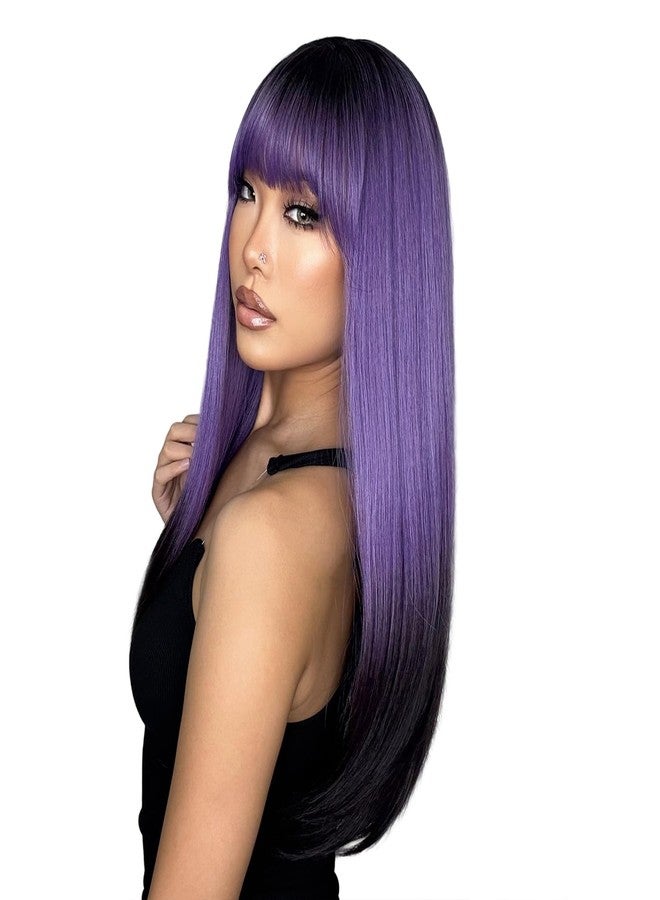 إنترانسد ستايلز شعر مستعار طويل وناعم بنفسجي للنساء من ENTRANCED STYLES، شعر مستعار بنفسجي وأسود مع غرة، شعر صناعي مقاوم للحرارة، مناسب للهالوين، حفلات تنكرية، للاستخدام اليومي، طول 22 بوصة - Image 4
