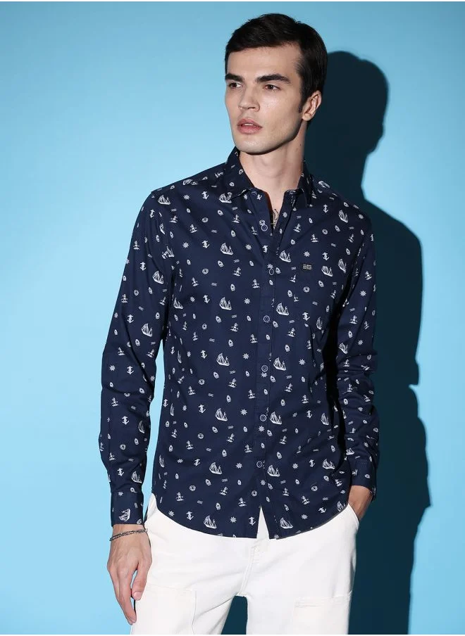 شركة المرآب الهندية Men Slim Fit Conversational Printed Full Sleeves Cutaway Collar Casual Shirt