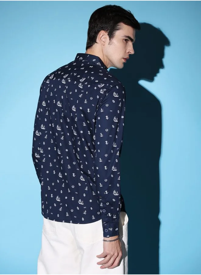 شركة المرآب الهندية Men Slim Fit Conversational Printed Full Sleeves Cutaway Collar Casual Shirt