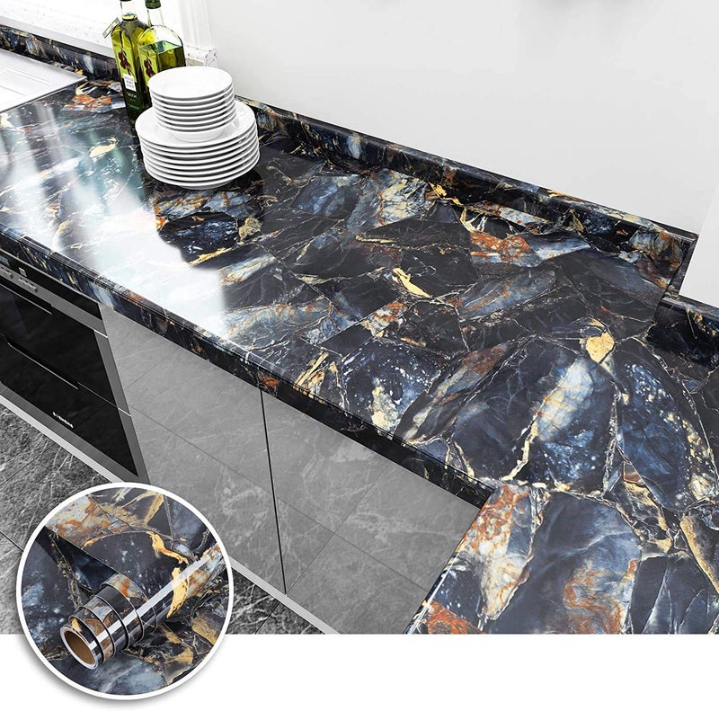 ROSASTELLA Self Adhesive Decorative Peel Stick Waterproof Marble Wallpaper Wall Decor Removable Wall Paper for Living Room Hall Decoration PVC Vinyl DIY Contact Paper 45x304 CM (Blue Marble) - Image 1