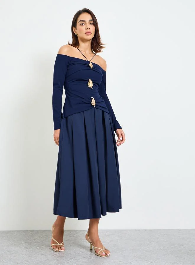 تايك تو Navy Blue Embellished A-Line Midi Dress with Off-Shoulder Long Sleeves