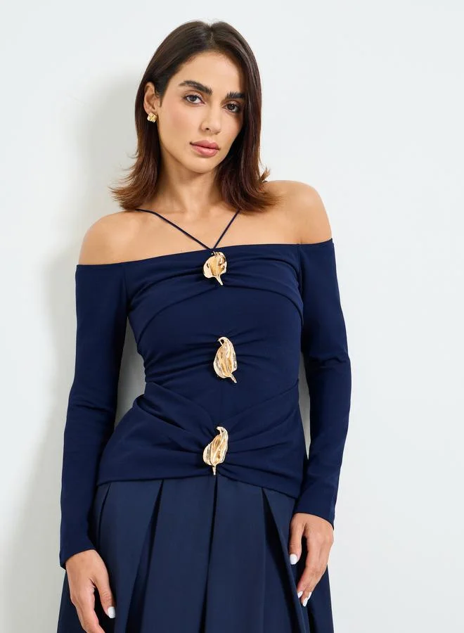 تايك تو Navy Blue Embellished A-Line Midi Dress with Off-Shoulder Long Sleeves