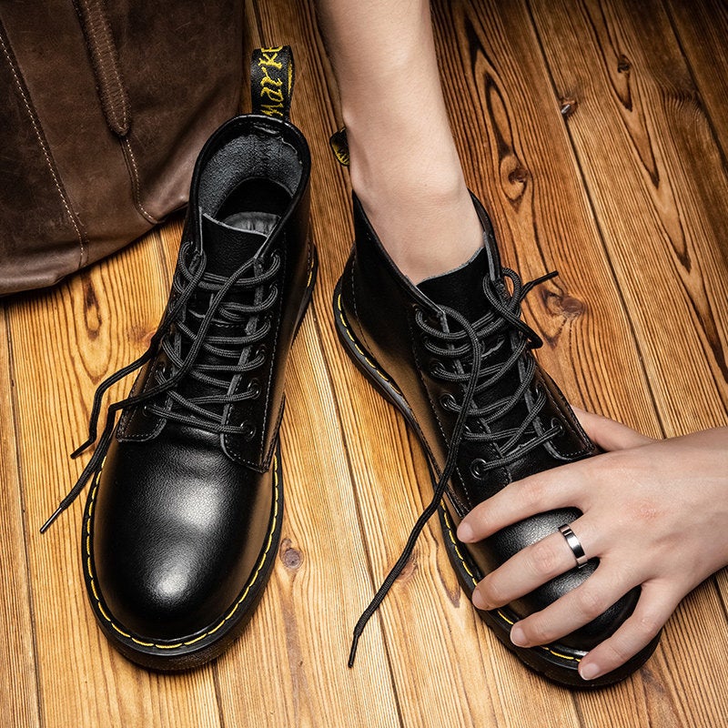 Winter Genuine Leather Color-Polished Martin Boots Short Boots Mid-Top Tooling Men'S Boots Lovers Shoes Women'S 48 Plus Size 6-Hole Leather Boots Trendy - Image 1