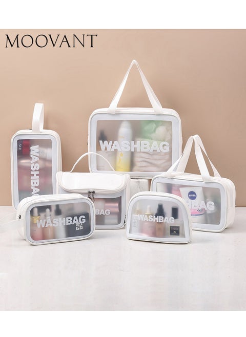 6 Pieces Fashion Large Capacity Translucent Makeup Bags Set, Makeup Toiletry Bag, PU+PVC Bath Bag, Frosted Portable Travel Storage Bag, White