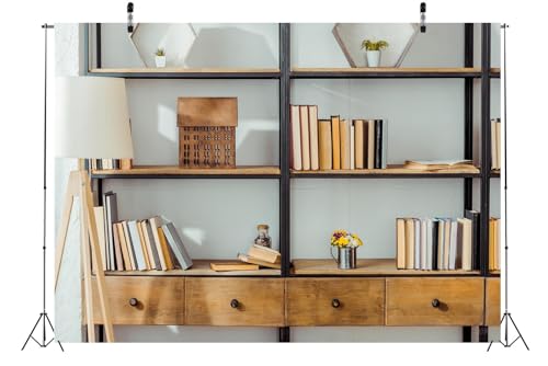 BELECO 7x5ft Fabric Living Room Bookshelf Backdrop Empty Room with Bookcase, Zoom Calls Video Recording Background Home Office Decor Zoom Meetings Photo Studio Props - Image 2