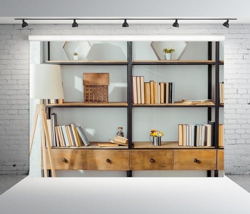BELECO 7x5ft Fabric Living Room Bookshelf Backdrop Empty Room with Bookcase, Zoom Calls Video Recording Background Home Office Decor Zoom Meetings Photo Studio Props - Image 1