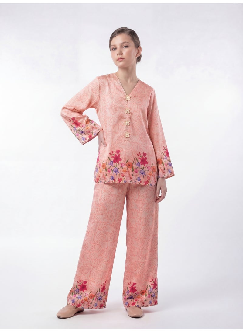 LUSHA Girls Floral Printed 2-Piece Outfit Set – Peach Long Sleeve Top with Wide Leg Pants | Kids Casual & Party Wear - Image 1