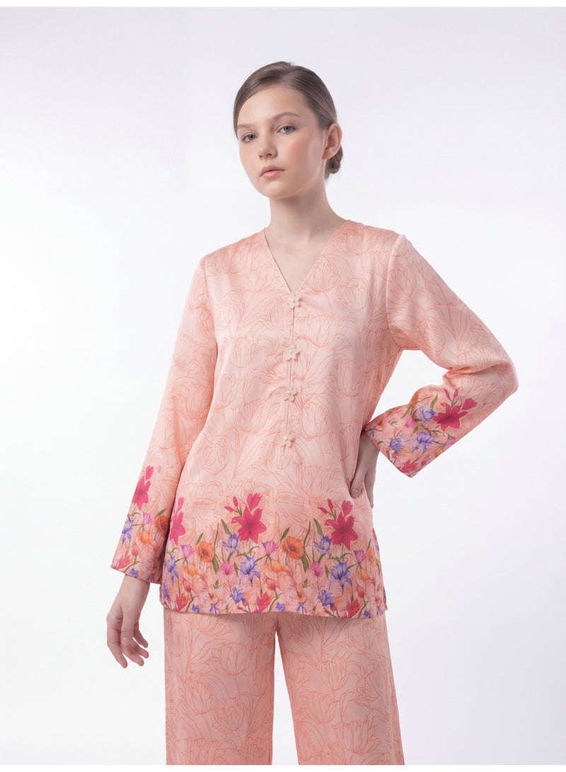 LUSHA Girls Floral Printed 2-Piece Outfit Set – Peach Long Sleeve Top with Wide Leg Pants | Kids Casual & Party Wear - Image 2