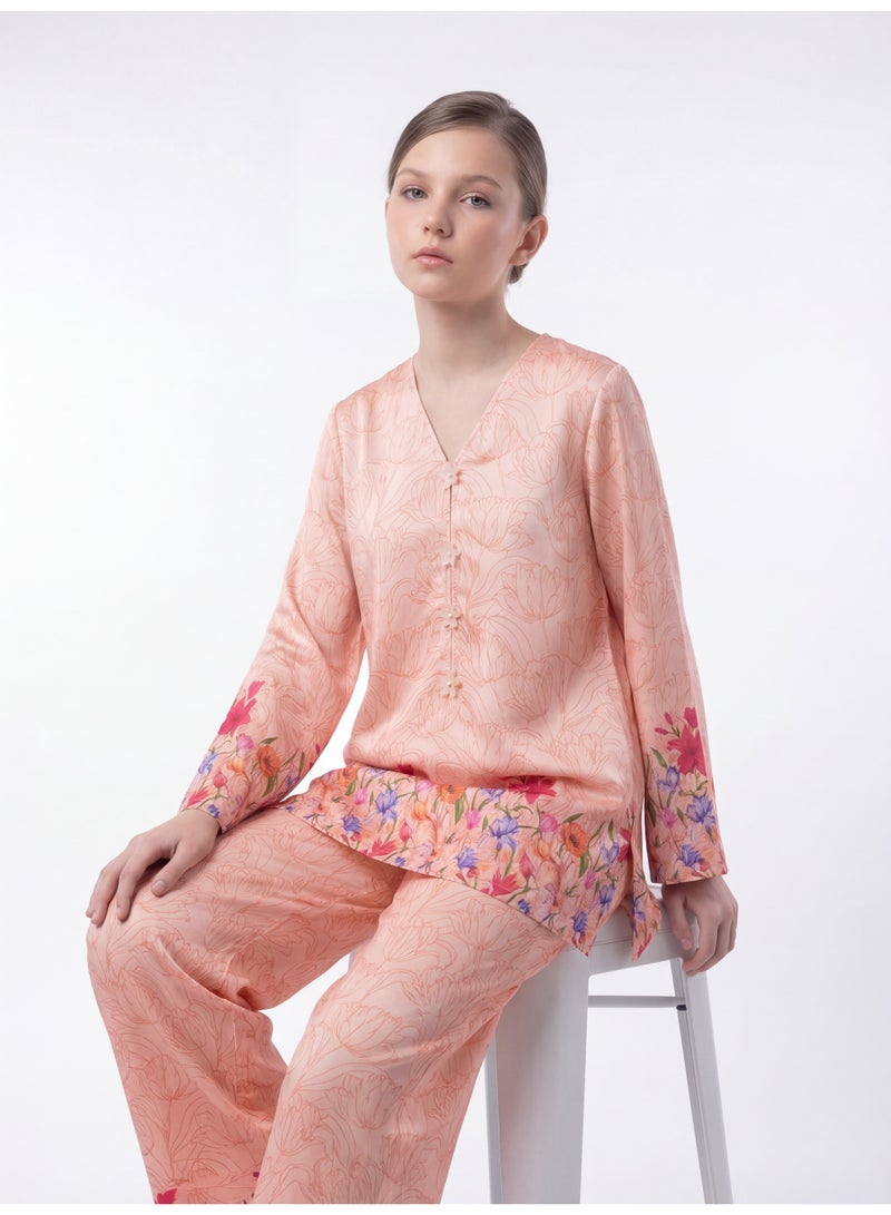 LUSHA Girls Floral Printed 2-Piece Outfit Set – Peach Long Sleeve Top with Wide Leg Pants | Kids Casual & Party Wear - Image 3