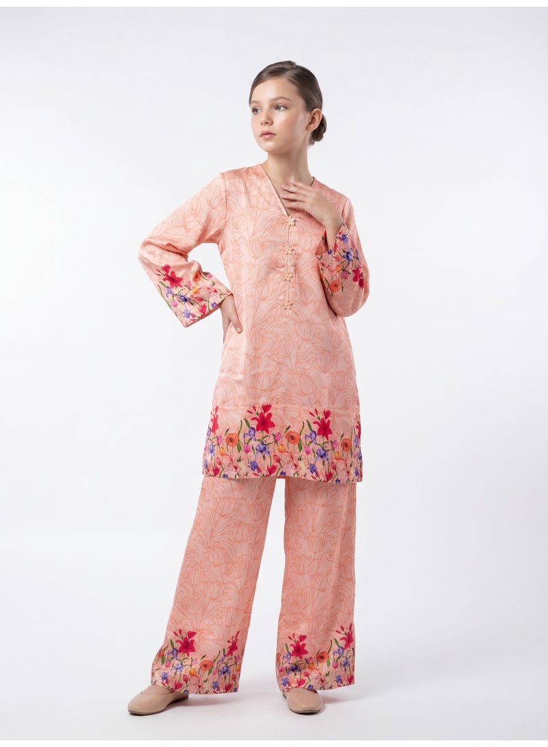 LUSHA Girls Floral Printed 2-Piece Outfit Set – Peach Long Sleeve Top with Wide Leg Pants | Kids Casual & Party Wear - Image 4