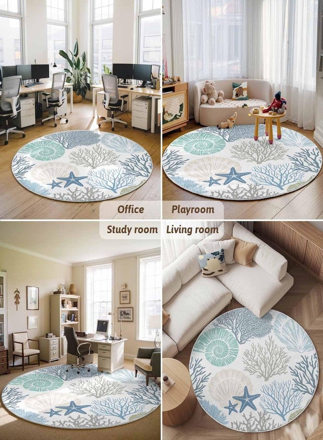 Litter Star Round Area Rug,Blue Ocean Shells Coral Circle Living Room Rug Non-Slip Rugs Indoor Carpet,Conch Starfish Marine Life Soft Comfort Rugs for Bedroom Kids Room - Image 5
