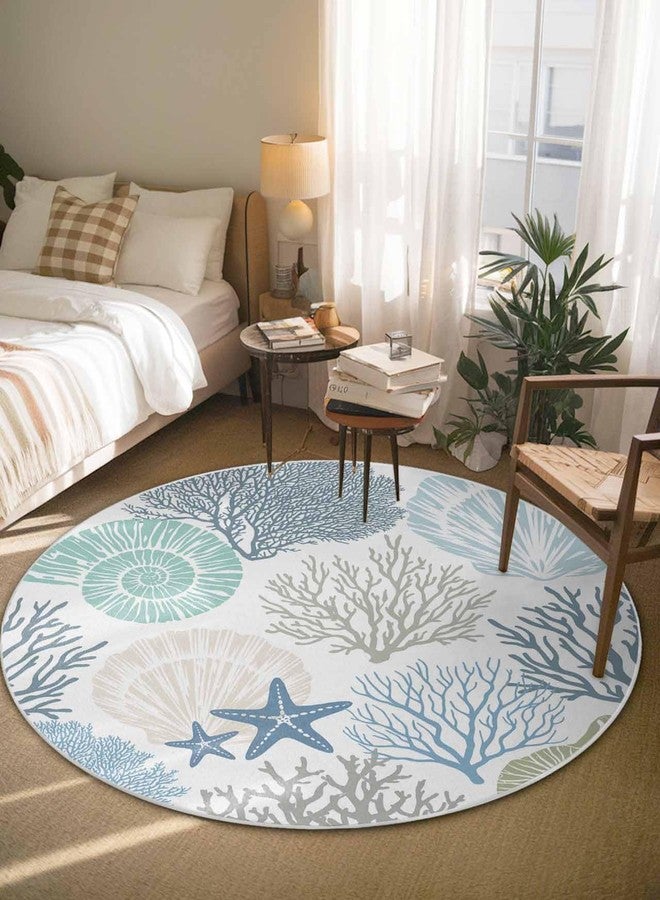 Litter Star Round Area Rug,Blue Ocean Shells Coral Circle Living Room Rug Non-Slip Rugs Indoor Carpet,Conch Starfish Marine Life Soft Comfort Rugs for Bedroom Kids Room - Image 3